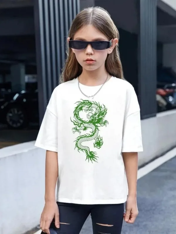 Dziecięca Biała Oversize T-Shirt z Nadrukiem Dekolt w Serek 1