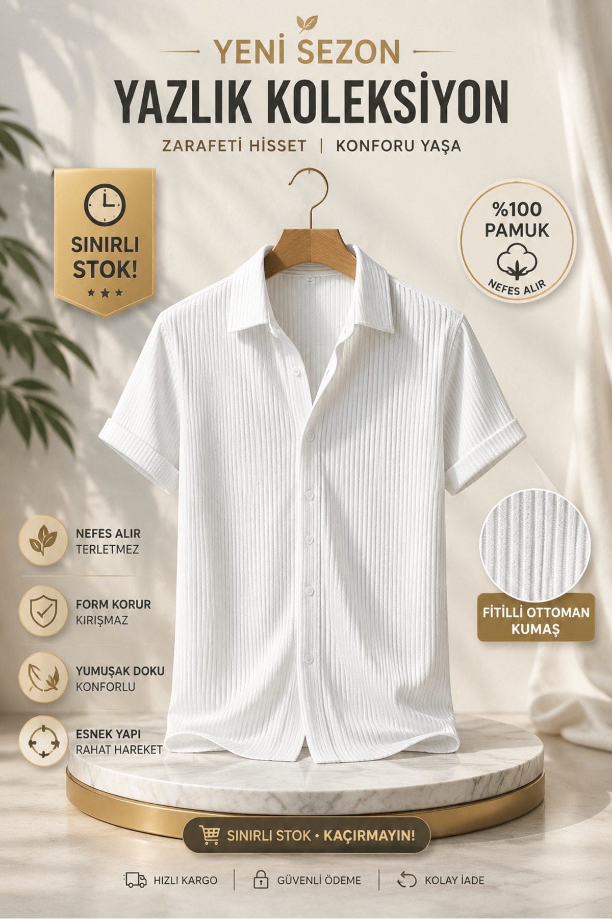 Λευκό Oversize Βαμβακερό Ριμπέ Ανδρικό Πουκάμισο