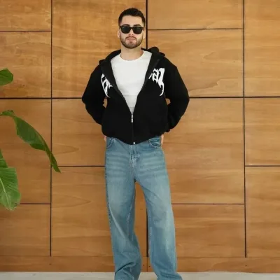 Męska czarna oversize bluza z kapturem, zapinana na zamek, z nadrukiem, 3-nitkowa, drapana 6