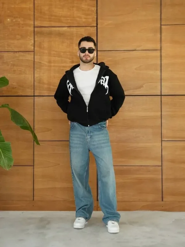 Męska czarna oversize bluza z kapturem, zapinana na zamek, z nadrukiem, 3-nitkowa, drapana 6
