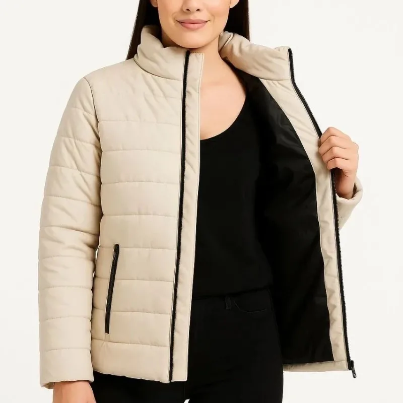 Women's Beige Waterproof Quilted Lined Zippered Bomber Jacket