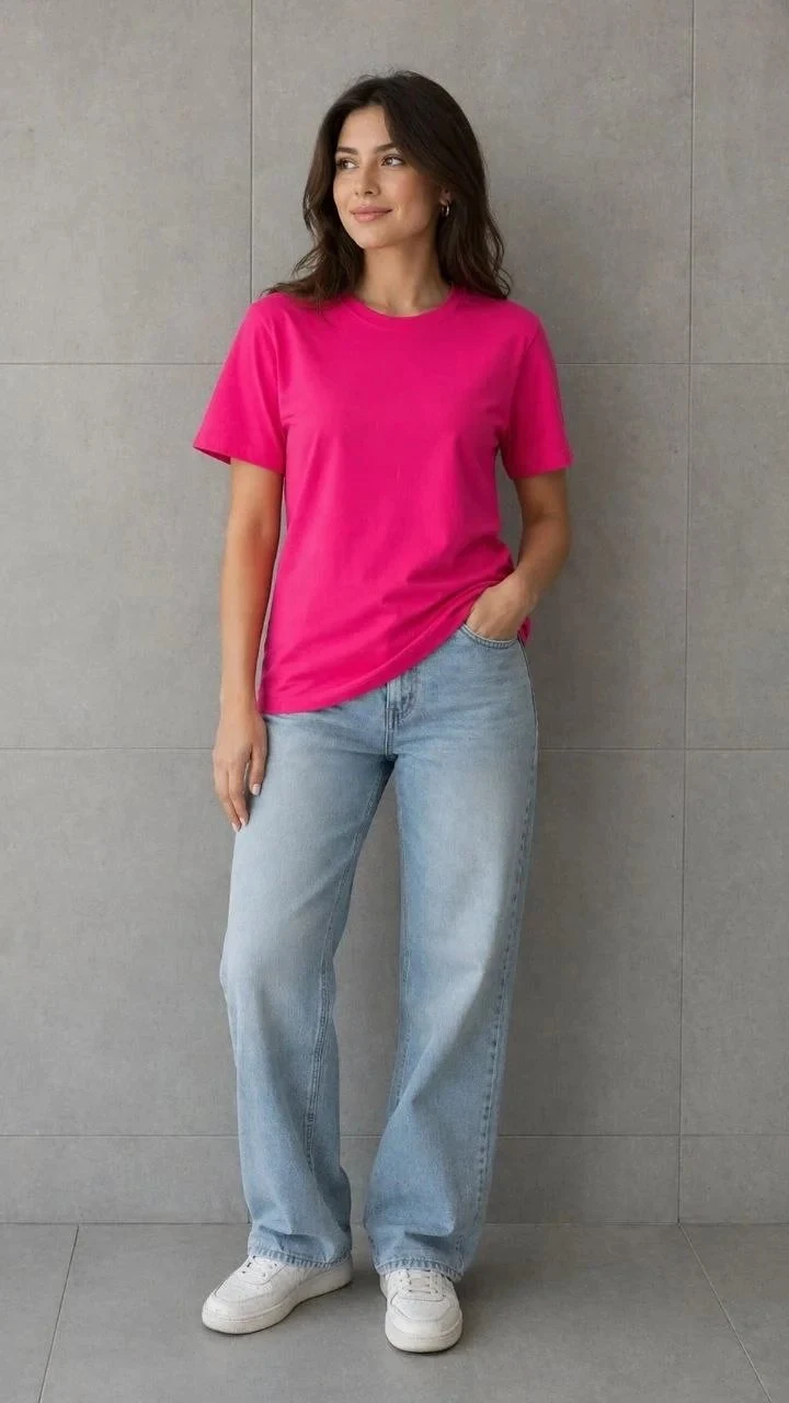 Tîşorta Jinan Fuşya, Relaxed Fit, Stûyê Bisîkletê, Pembû