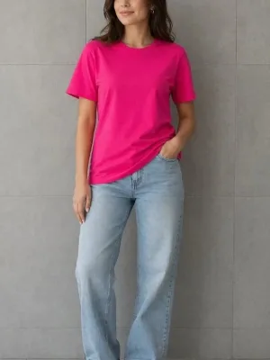 Női Fukszia Relaxed Fit Kerékpárnyakú Pamut Póló