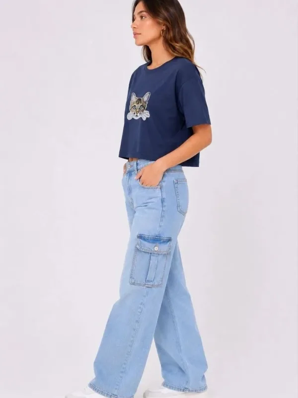 Dámské tmavě modré oversized crop tričko s potiskem kočky 2