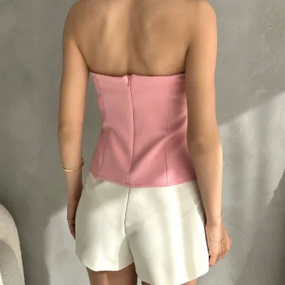 Bluzë Crepe Strapless me Detaje Kapëse në Bel Pluhur 5