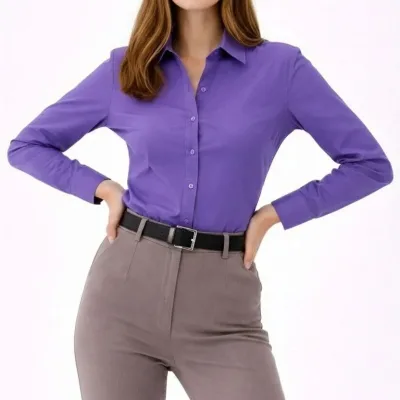 Women's Purple Classic Collar Buttoned Long Sleeve Shirt 4