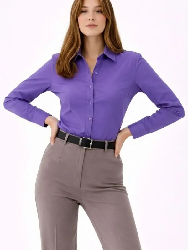 Women's Purple Classic Collar Buttoned Long Sleeve Shirt 4