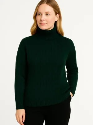 Women's Khaki Thick Ribbed Full Turtleneck Knit Sweater