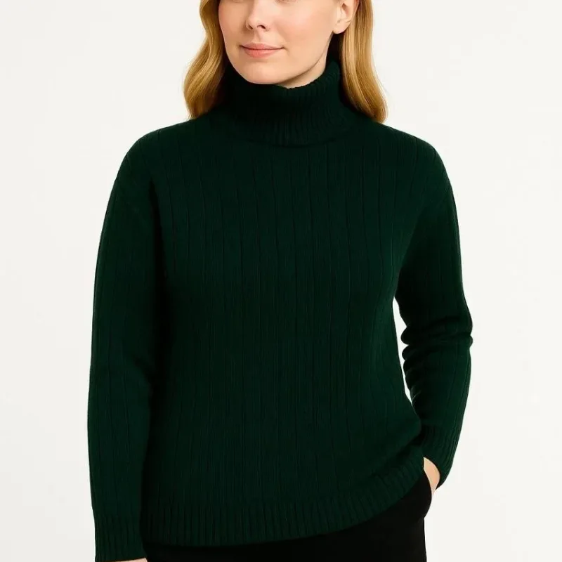 Women's Khaki Thick Ribbed Full Turtleneck Knit Sweater