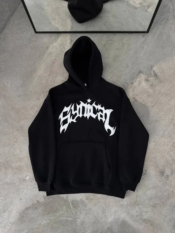 Férfi fekete 3 szálas pamut nyomott kapucnis kenguru zsebes sweatshirt 1