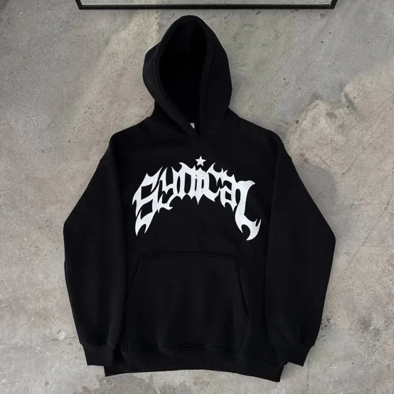 Férfi fekete 3 szálas pamut nyomott kapucnis kenguru zsebes sweatshirt