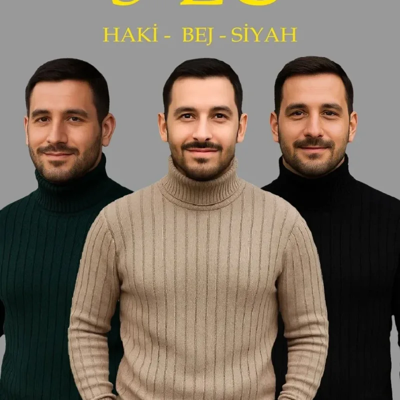 Férfi 3-as Szett Bordázott Magas Nyakú Trikó Pulóver