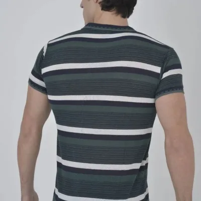 Męska khaki koszulka slim fit, tkana w paski, kołnierzyk polo 2