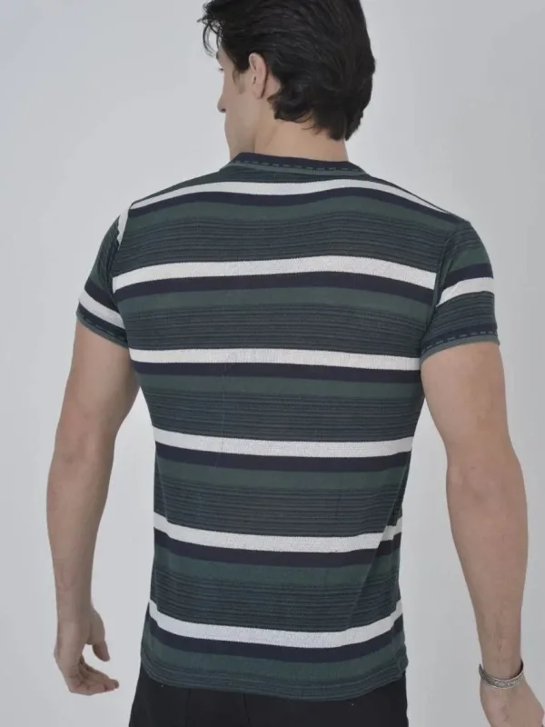 Męska khaki koszulka slim fit, tkana w paski, kołnierzyk polo 2