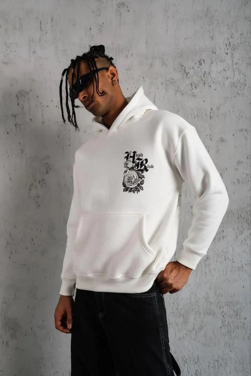 Men's White Oversize 3-Thread Cotton Hooded Printed Pocket Sweatshirt