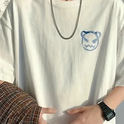 Férfi fehér oversized kerékpárnyakú aranyos medve nyomásos póló 4