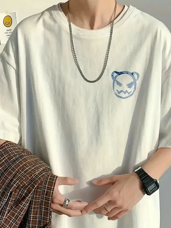 Férfi fehér oversized kerékpárnyakú aranyos medve nyomásos póló 4