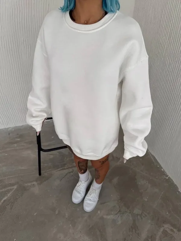 Women's White Scoop Neck 3-Thread Cotton Basic Sweatshirt 1