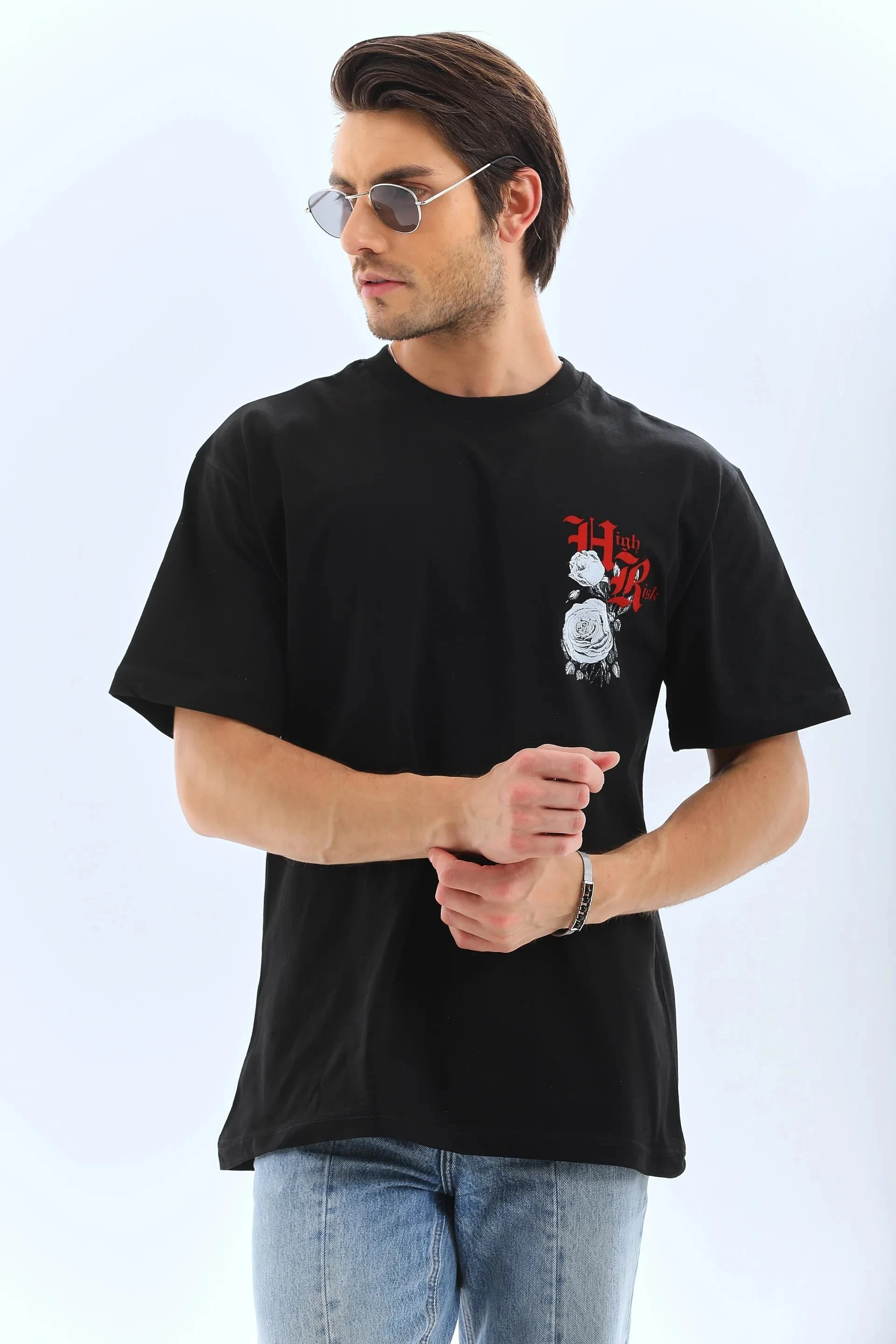 Ανδρικό Μαύρο Oversize Ποδηλατόλαιμο Τυπωμένο T-shirt