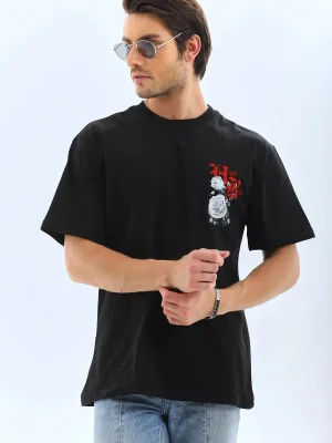 Ανδρικό Μαύρο Oversize Ποδηλατόλαιμο Τυπωμένο T-shirt