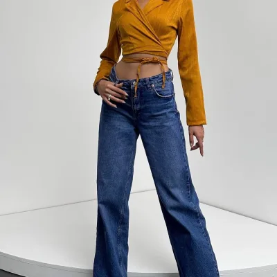 Košulja ovratnik struk vezana crop bluza senf 3