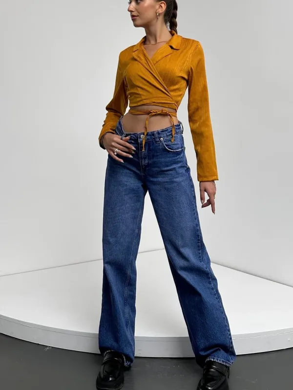 Košulja ovratnik struk vezana crop bluza senf 3