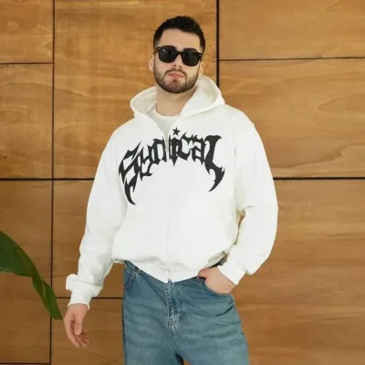Barbat Alb Oversize Fermoar Glugă Imprimeu Bumbac Sweatshirt 6