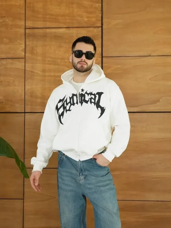 Barbat Alb Oversize Fermoar Glugă Imprimeu Bumbac Sweatshirt 6