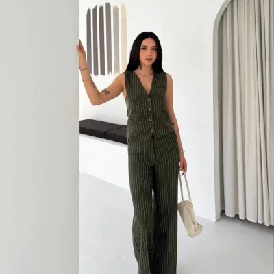 Ženski kaki prugasti tansel tkanina dvodijelni prsluk hlače set 3