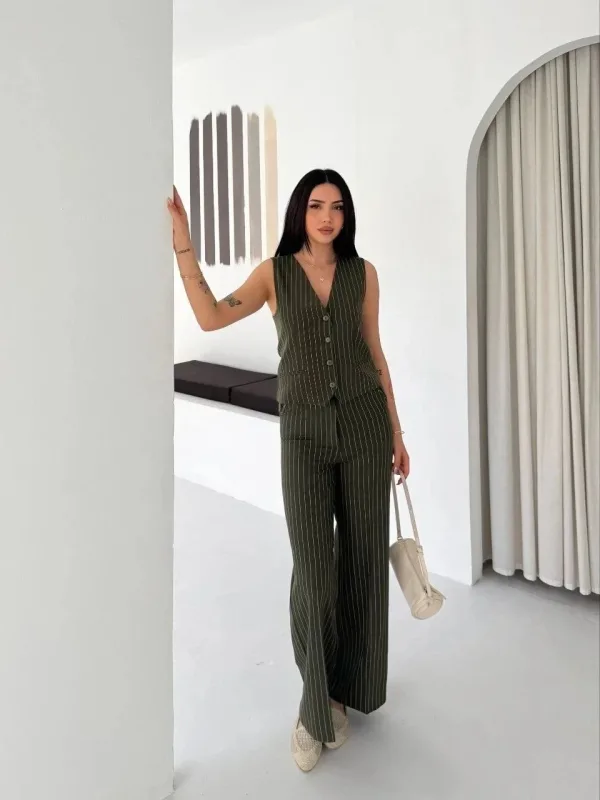 Ženski kaki prugasti tansel tkanina dvodijelni prsluk hlače set 3