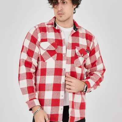 Męski Różowy Regular Fit Szardonowana Kraciasta Długi Rękaw Koszula Flanelowa 7