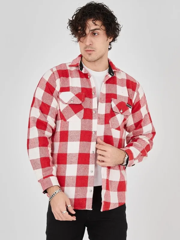 Męski Różowy Regular Fit Szardonowana Kraciasta Długi Rękaw Koszula Flanelowa 7