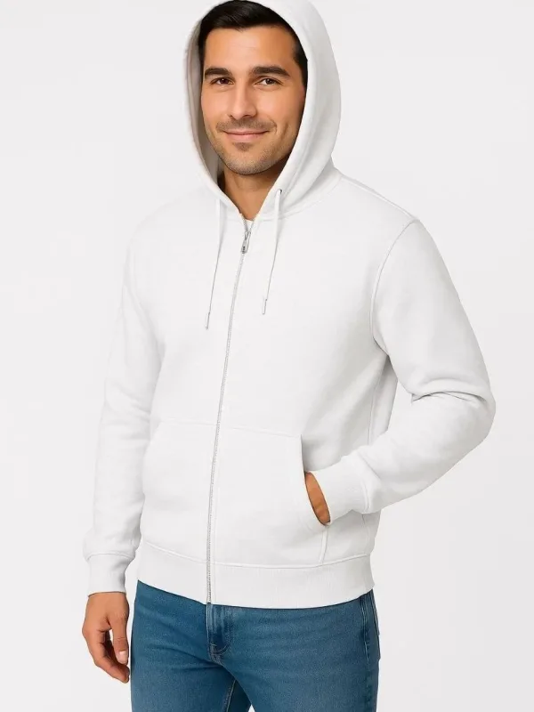 Muška bijela 3 niti pamučna puni patentni zatvarač kapuljača džep sweatshirt 1