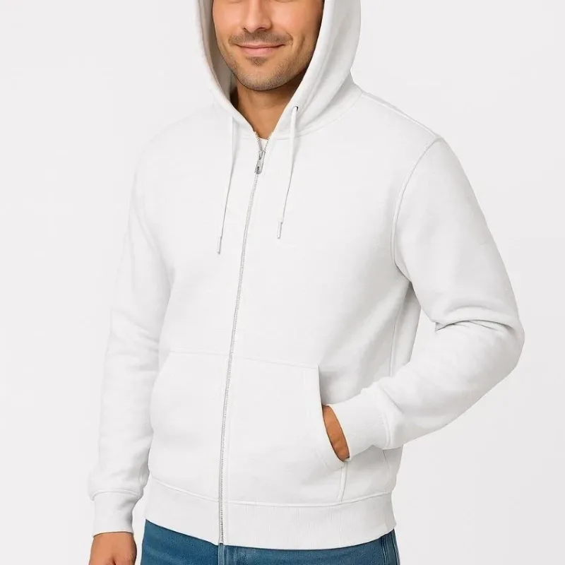 Muška bijela 3 niti pamučna puni patentni zatvarač kapuljača džep sweatshirt