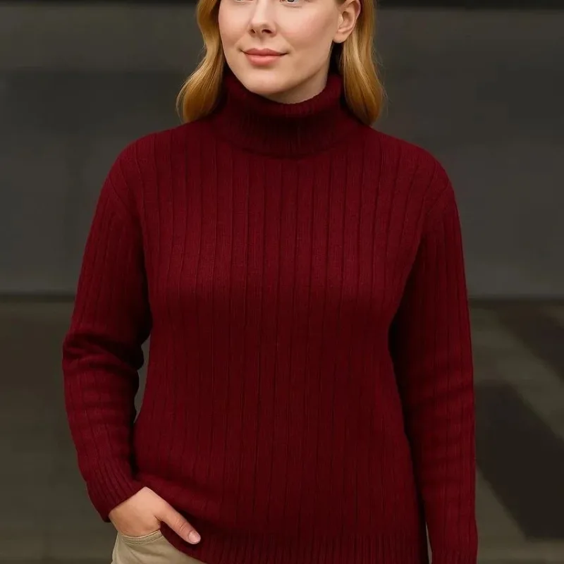 Ženski bordo debeli rebrasti dolgi ovratnik dolman pulover