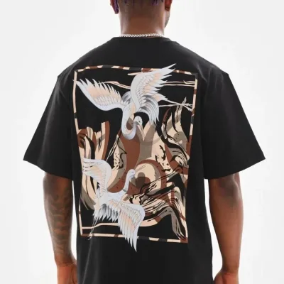 Férfi fekete kerékpárnyakú nyomott oversized póló 2