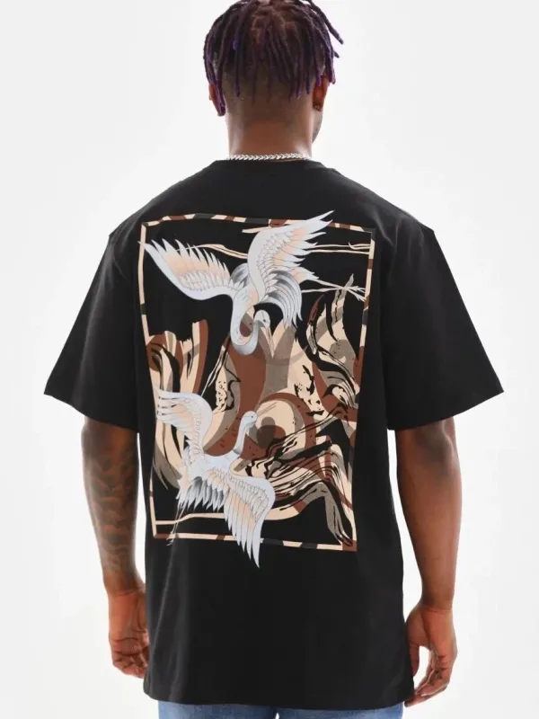 Férfi fekete kerékpárnyakú nyomott oversized póló 2