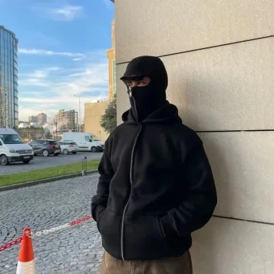 Ανδρικό Μαύρο Πλήρως Φερμουάρ Διπλό Κουκουλοφόρο με Τσέπη Κανγκουρό Sweatshirt 2