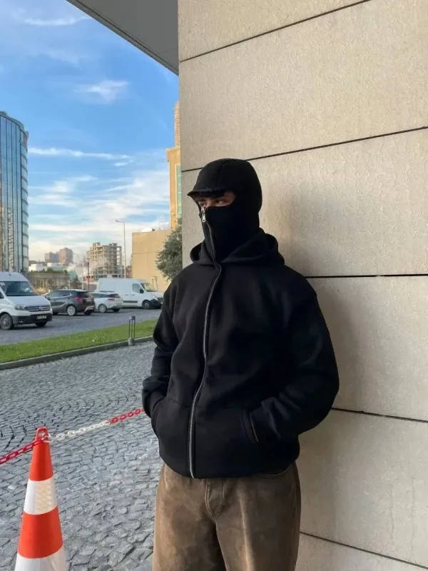 Ανδρικό Μαύρο Πλήρως Φερμουάρ Διπλό Κουκουλοφόρο με Τσέπη Κανγκουρό Sweatshirt 2