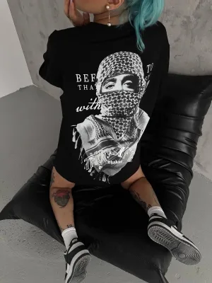 Ženski Crni Oversize Biciklistički Kragna Palestina Print Majica
