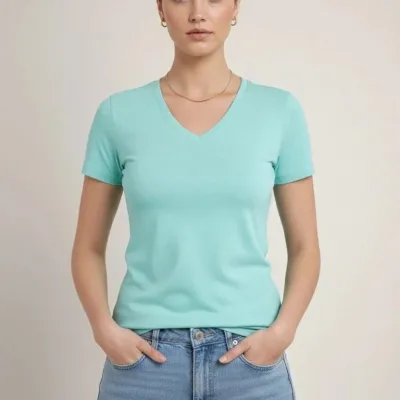 Damski turkusowy slim fit T-shirt z dekoltem w serek, elastyczny, podstawowy 2