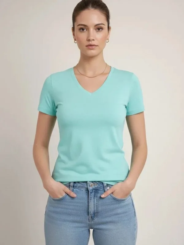 Damski turkusowy slim fit T-shirt z dekoltem w serek, elastyczny, podstawowy 2