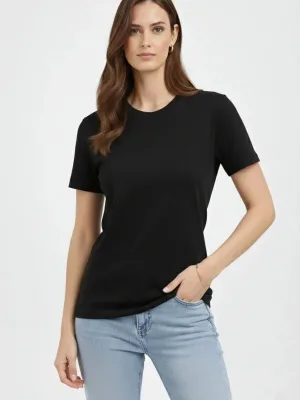 Damski czarny regular T-shirt z dekoltem w serek, krótki rękaw, gładki