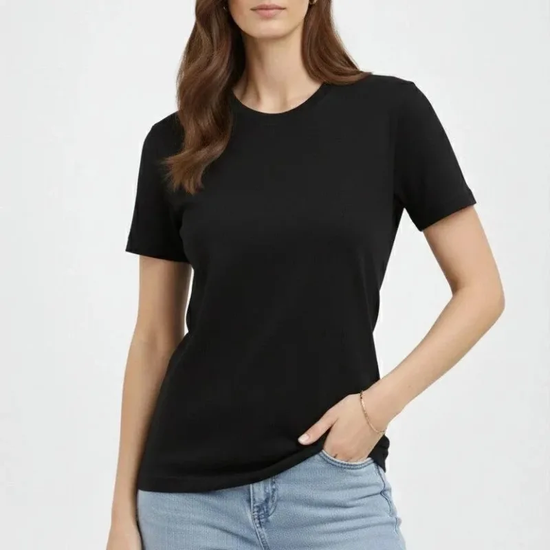 Damski czarny regular T-shirt z dekoltem w serek, krótki rękaw, gładki