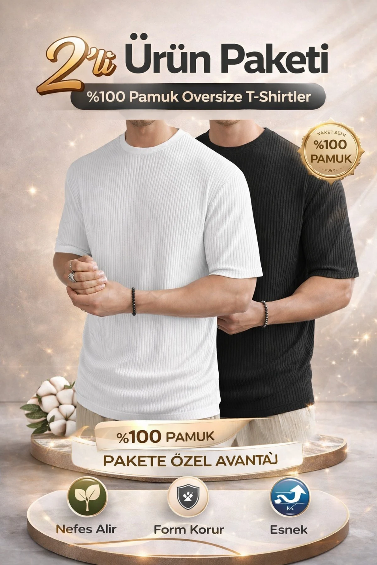 Crni beli 2-komplet oversize rebrasta pamuk muška majica