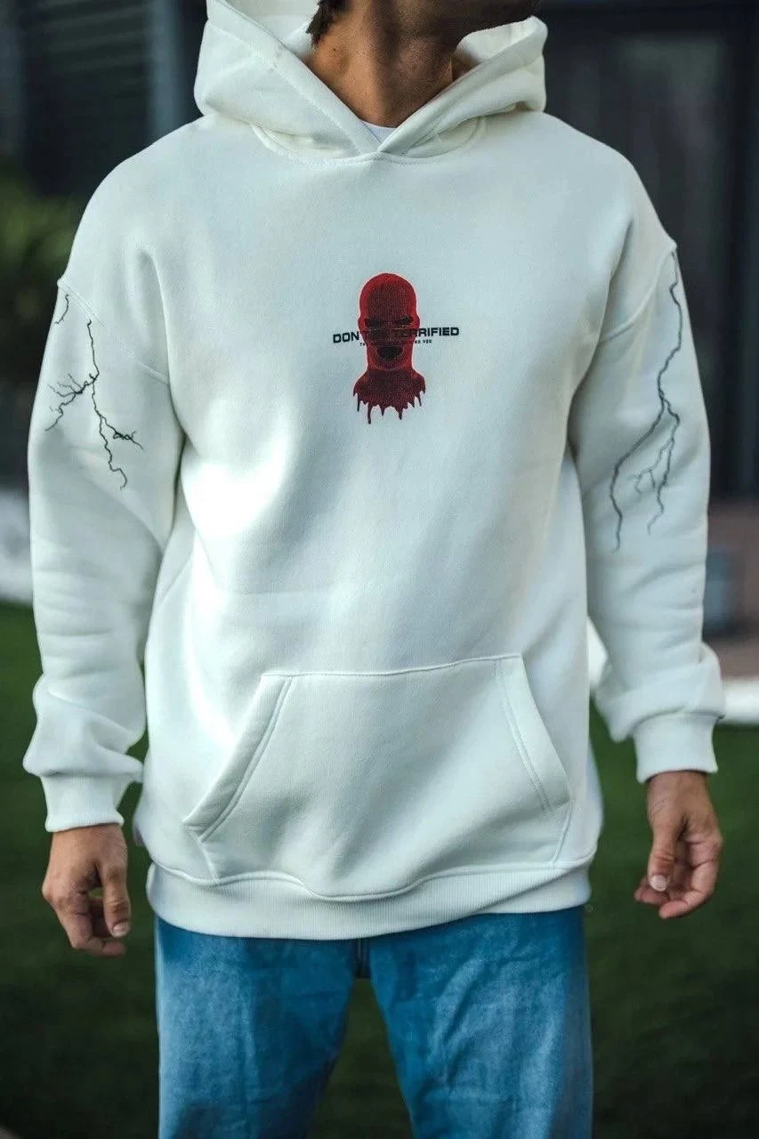 Men's White 3-Thread Cotton Hooded Printed Kangaroo Pocket Sweatshirt