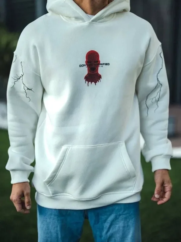Muška bijela 3 niti pamučna kapuljača tiskani džep klokana sweatshirt 1