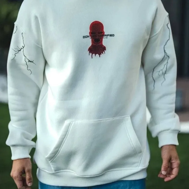 Men's White 3-Thread Cotton Hooded Printed Kangaroo Pocket Sweatshirt