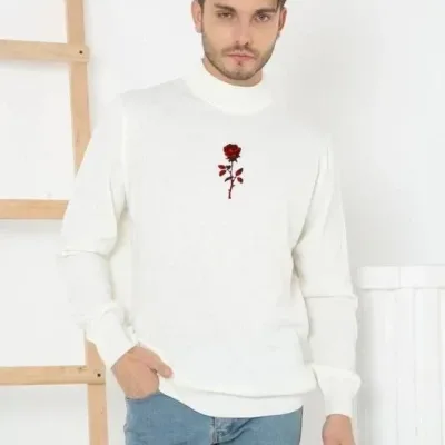 Muški Beli Poluvisoki Kragna Štampani Triko Džemper 1