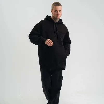 Muški crni oversize 3-nitni pamučni kapuljač s vezom, sweatshirt 6
